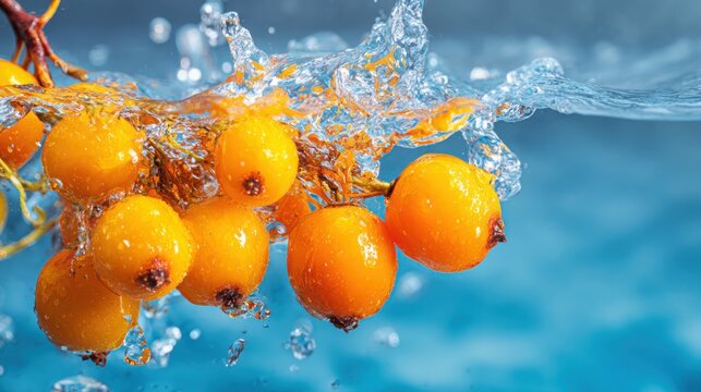 sea buckthorn berries splashing into clear blue water, dynamic macro capture, orange yellow tones, droplets in motion, bright lighting, vibrant