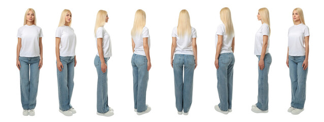 Fototapeta premium Set of woman in casual jeans and blank white t-shirt, isolated, PNG