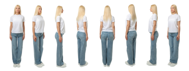 Set of woman in casual jeans and blank white t-shirt, isolated, PNG