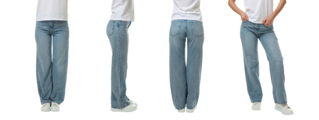 Set of woman in casual blue denim jeans, isolated, PNG