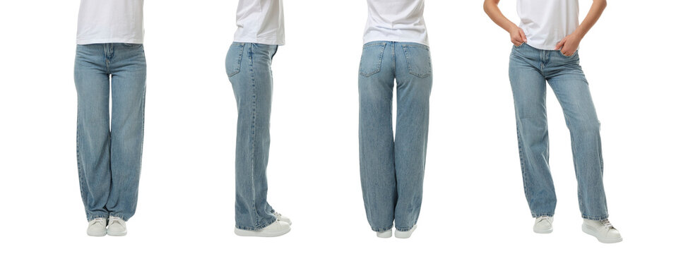 Set of woman in casual blue denim jeans, isolated, PNG