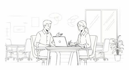 Line art illustration of a man and woman collaborating at a desk with a laptop.