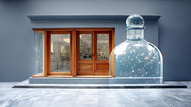 unique facade design featuring large glass bottle structure, creating whimsical effect. wooden doors complement modern aesthetic, enhancing overall visual appeal