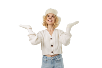 Woman wearing warm winter clothes smiles cheerfully, isolated, PNG