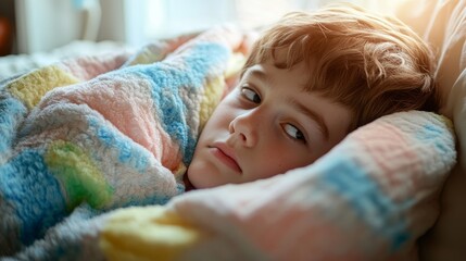 Pensive Teenager Under Multicolored Weighted Blanket in Soft Sunlight