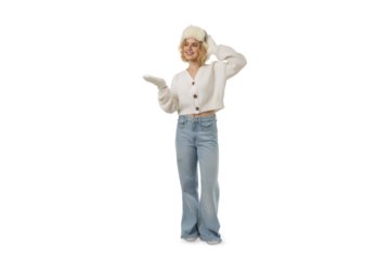 Joyful woman in winter attire for New Year, isolated, PNG