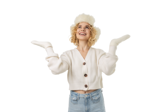 Woman wearing warm winter clothes smiles cheerfully, isolated, PNG - Powered by Adobe