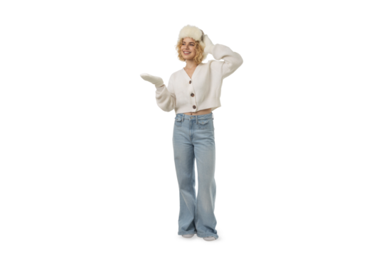 Joyful woman in winter attire for New Year, isolated, PNG - Powered by Adobe