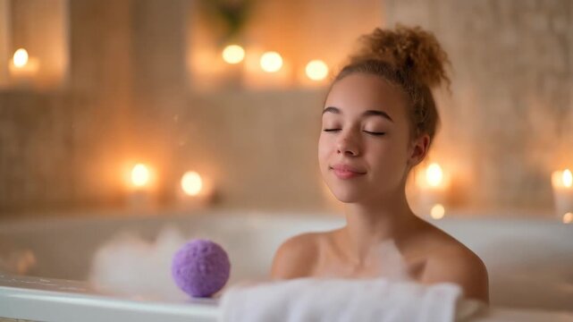 Young woman relaxing in a warm bath with steam and a bath bomb enjoying a calming spa evening for self care and wellness