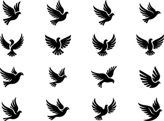 Collection of black dove silhouettes in flight pigeon