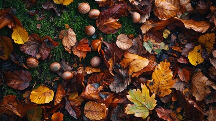 Colorful autumn leaves scattered on the ground with acorns and nuts amidst green moss in a serene forest setting