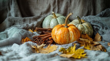 Colorful pumpkins and cinnamon sticks create a cozy autumn scene on a textured fabric backdrop