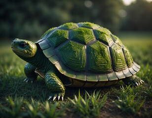 Turtle with a mossy shell on green grass.