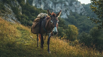 Donkey carrying supplies on a wooded trail during a serene afternoon in the mountains