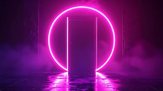 Abstract Dark Room With Glowing Neon Pink Circle And Rectangular Portal Entrance Wet Floor Reflections And Floating