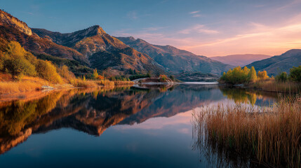Fototapeta premium Serene lake reflecting mountains and autumn foliage under a pastel colored sky view
