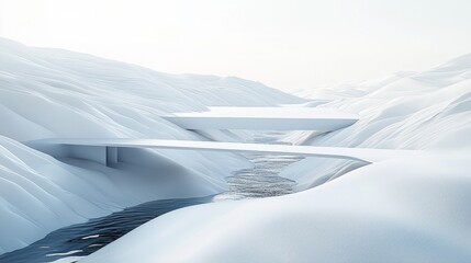 Modern bridge spans a snowy landscape with a serene river flowing beneath and gentle hills in the background during winter light