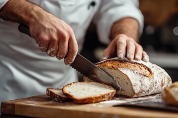 A chef skillfully slices a loaf of bread on a wooden cutting board, showcasing his culinary expertise.
