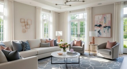 Elegant living room interior design with modern furniture, soft lighting, and stylish decor creates a tranquil and inviting space for relaxation and entertaining