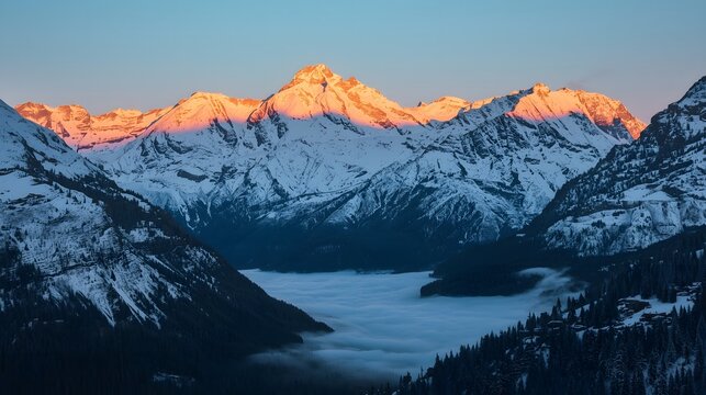 A breathtaking view of a snowy mountain range illuminated by warm sunset light, overlooking a clear blue lake - Powered by Adobe