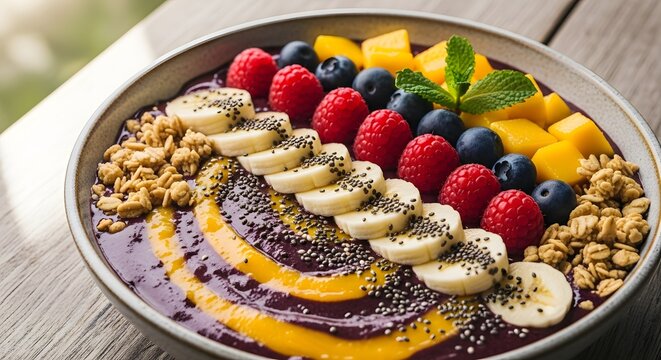 A healthy smoothie bowl topped with raspberries, banana slices, mango, and granola on a wooden table