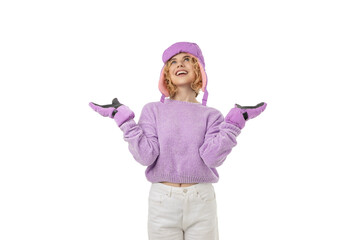 Person in pink sweater enjoys winter fun, isolated, PNG