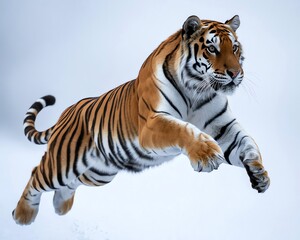 Obraz premium Tiger jumping in mid-air against white background