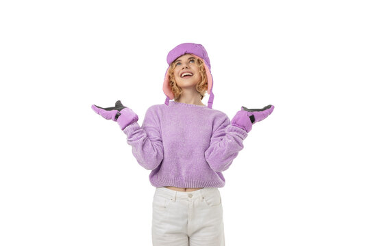 Fototapeta Person in pink sweater enjoys winter fun, isolated, PNG