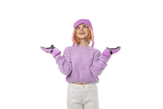 Person in pink sweater enjoys winter fun, isolated, PNG