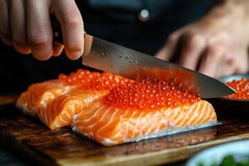 A person is skillfully slicing a piece of salmon on a wooden cutting board, showcasing the vibrant orange color of the fish and the delicate texture of the roe on top.