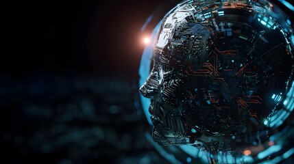 Emerging cybernetic head within a glowing digital network futuristic technology concept art