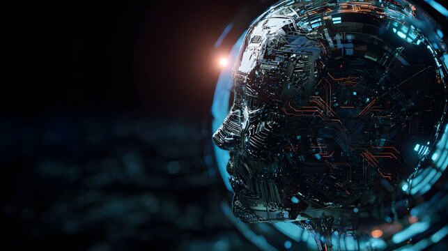 Emerging cybernetic head within a glowing digital network futuristic technology concept art