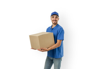 A man in a blue uniform holds a cardboard box, isolated, PNG