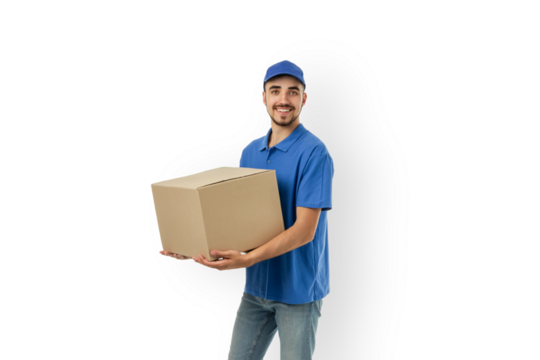 A man in a blue uniform holds a cardboard box, isolated, PNG