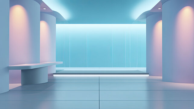 Modern interior design with soft lighting and sleek surfaces creates calming environment. space features curved walls and minimalist aesthetic, perfect for various uses