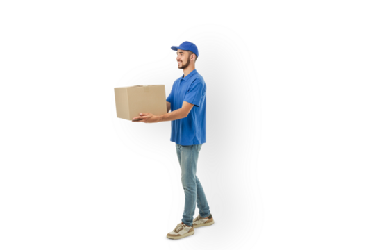 Man holds a cardboard box in delivery uniform, isolated, PNG