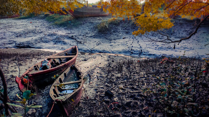 two wooden boats resting on low tide mudflat in the evening.