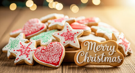 A pile of festive Christmas cookies decorated with icing and sprinkles, including star and heart shapes, with one cookie saying "Merry Christmas".
