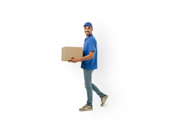 Delivery man carries a cardboard box with a smile, isolated, PNG