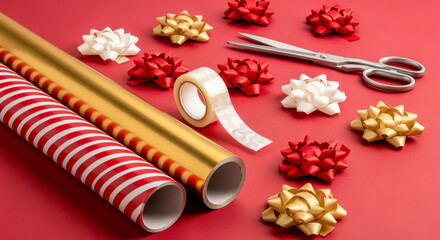 A collection of Christmas gift wrapping supplies including two rolls of wrapping paper, tape, scissors, and several decorative bows.