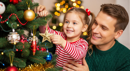 A father and daughter happily decorate a Christmas tree with ornaments and a star topper.