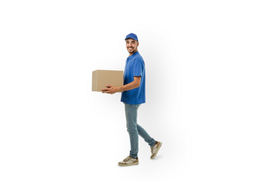 Delivery man carries a cardboard box with a smile, isolated, PNG