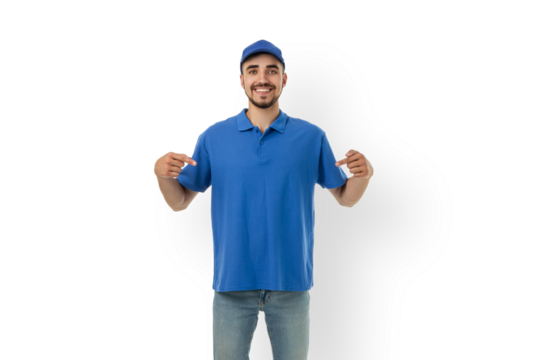 Man in blue shirt and cap showing delivery pride, isolated, PNG