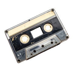 Obraz premium Vintage cassette tape, close-up, black background, audio recording device
