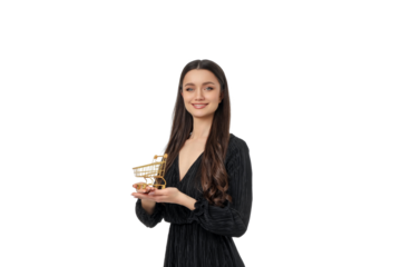 Young woman with a golden shopping cart smiles, isolated, PNG