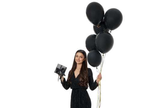 Woman with black balloons and a gift box, isolated, PNG