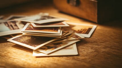 stack of vintage Polaroid photos scattered on a wooden desk, warm light, nostalgic aesthetic, soft shadows, close