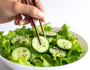 Close-up of salad in a bowl, with a hand using chopsticks