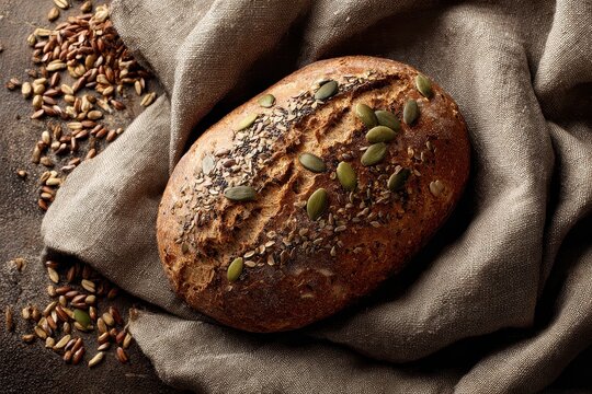 Freshly baked artisanal whole grain bread loaf topped with pumpkin and flax seeds on rustic linen