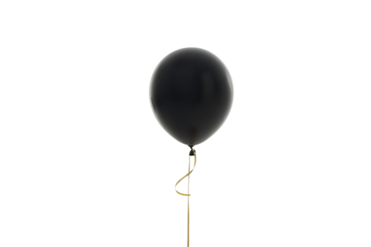 A black balloon with a gold string on white, isolated, PNG